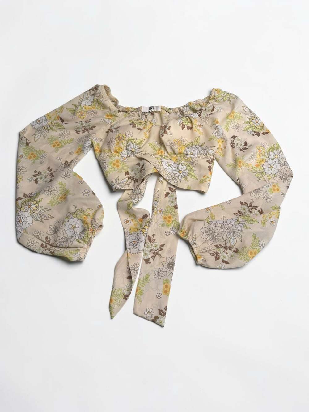 Madden NYC Floral Crop Top Womens Small Yellow Cream Puff Sleeve Tie Front Boho